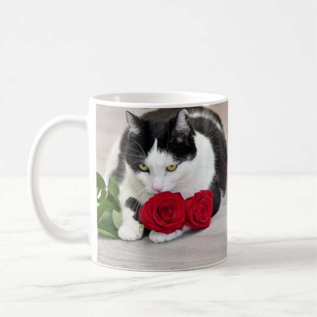Caneca De Café Gato bonito com rosa vermelha (Esquerda)