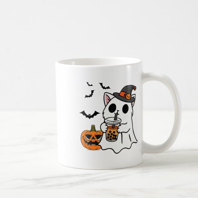 Caneca De Café Gato Bonito De Halloween No Fantasma Bebendo Boba (Direita)