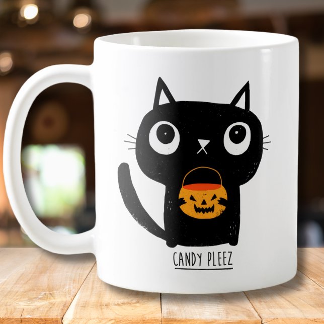 Caneca De Café Gato Bonito de Halloween pedindo doces (Criador carregado)