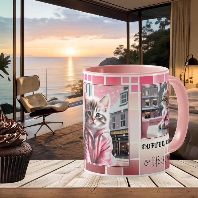 Caneca De Café Gato Bonito E Engraçado (Funny cat mug featuring your photos (optional) framed by a checkered design in sweet pink )