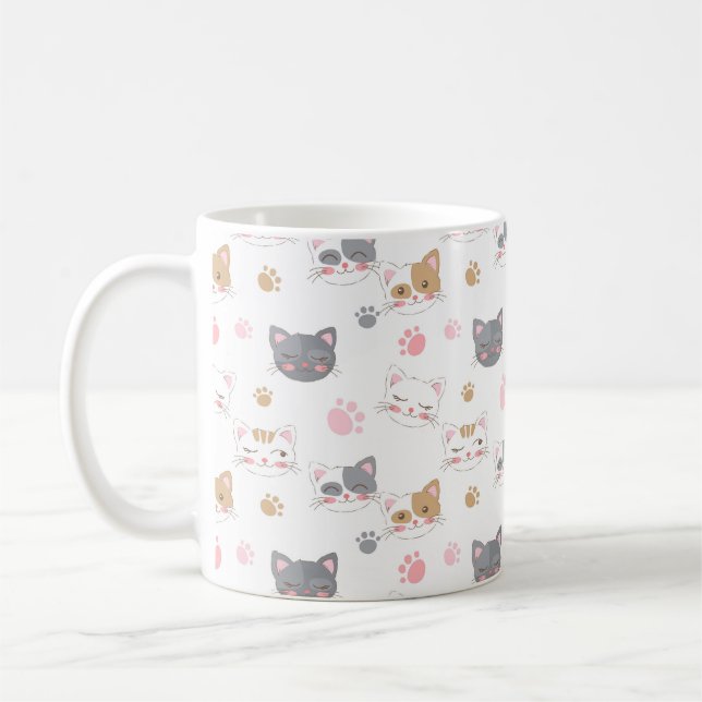 Caneca De Café Gato bonito encara um padrão de gatos sorridente (Esquerda)