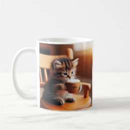 Caneca De Café Gato bonito sentado em uma cadeira bebendo café.