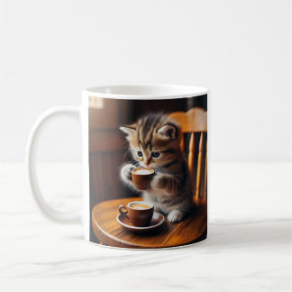 Caneca De Café Gato bonito sentado num café de bebendo de cadeira