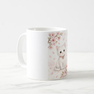 Caneca De Café Gato Branco Adorável em Aquarela com Flor de Cerej