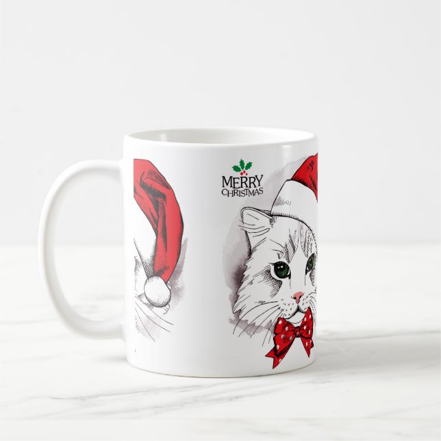 Caneca De Café Gato Branco Bonito Feliz Natal (Esquerda)