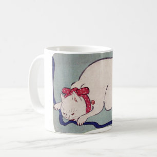 Caneca De Café Gato Branco brincando com uma corda, Hiroshige