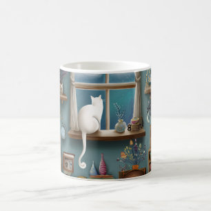Caneca De Café Gato Branco Caprichoso Olhando pela Janela