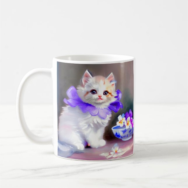 Caneca De Café Gato branco com pintura de colarinho de flores rox (Esquerda)