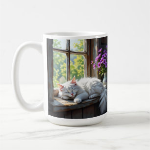 Caneca De Café Gato Branco Dormindo e Flores Roxas