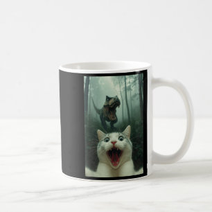 Caneca De Café Gato Branco Engraçado Selfie Com Dinossauro T-rex,