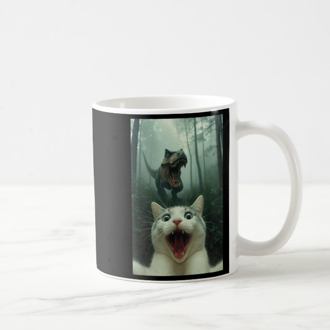 Caneca De Café Gato Branco Engraçado Selfie Com Dinossauro T-rex, (Direita)