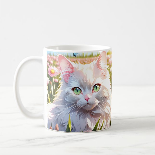 Caneca De Café Gato Branco na Arte AI de Campo Flor (Esquerda)