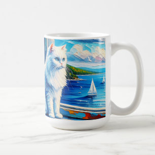 Caneca De Café Gato Branco na Janela ainda olhando para o Oceano