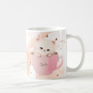 Caneca De Café Gato branco-rosado em uma taça de chá