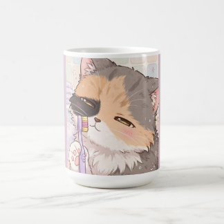 Caneca De Café Gato calico anime com escova de dentes