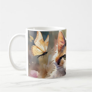Caneca De Café Gato Calico e Borboletas no Jardim de Primavera