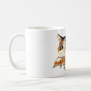 Caneca De Café Gato Calico Kawaii Arte Floral Escondido