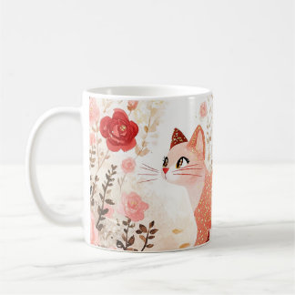 Caneca De Café Gato caprichoso em um jardim de rosas.