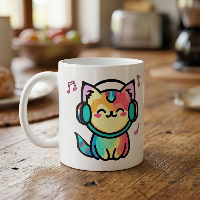 Caneca De Café Gato Cartoon Kawaii Sorridente Feliz com Fones de  (Happy Smiling Kawaii Cartoon Cat with Headphones. Coffee Mug)