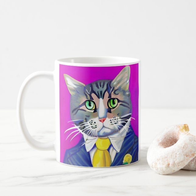 Caneca De Café Gato cavalheiro em um terno e gravata (Com Donut)