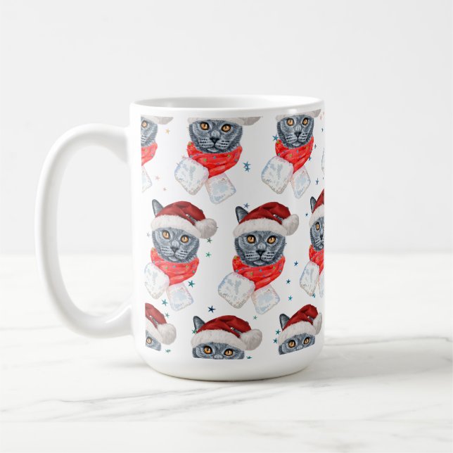 Caneca De Café Gato Cinza Fofo em Aquarela com Cachecol (Esquerda)