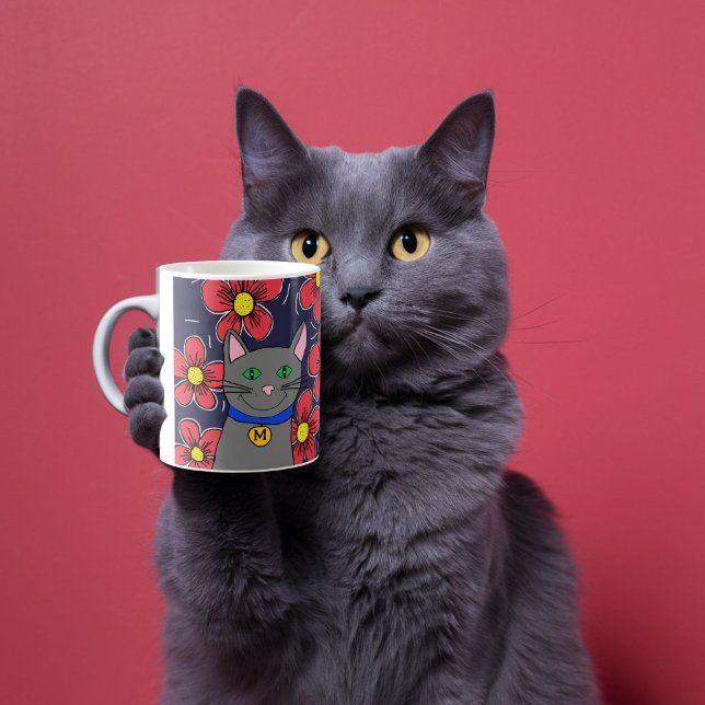 Caneca De Café gato cinza personalizado com flores personaliza o (Criador carregado)