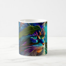 Caneca De Café Gato colorido neon em flores tropicais Arte AI