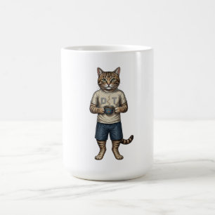 Caneca De Café Gato Colorido Vintage Bebendo Café Arte Animal Ret