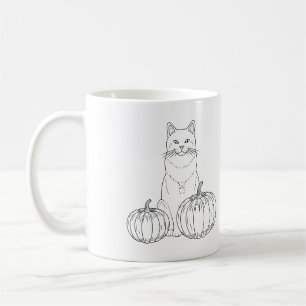 Caneca De Café Gato Com Abóboras Arte De Linha Minimalista De Out