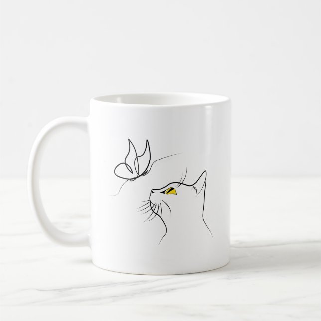 Caneca De Café Gato com borboleta Abstrato Minimalística (Esquerda)