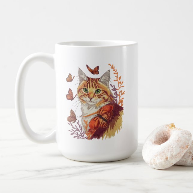 Caneca De Café Gato com Borboletas Monarcas (Com Donut)