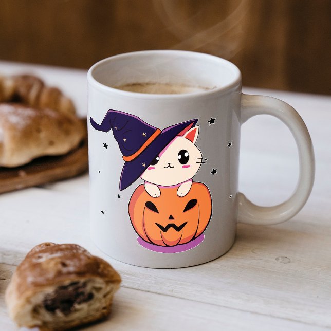 Caneca De Café Gato com chapéu de bruxa no Halloween Jack-O-Lante (Criador carregado)