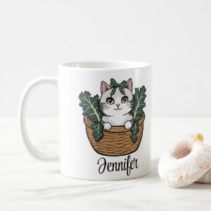 Caneca De Café Gato com Kale em Nome Personalizado de Cesta