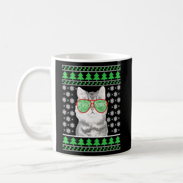 Caneca De Café Gato com óculos escuros Suéter de Natal Feio Engra (Esquerda)