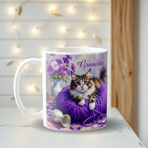 Caneca De Café Gato com Olhos Roxos em Fio de Lã Roxa e Flores