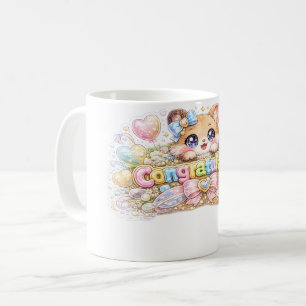 Caneca De Café Gato Congratulações Kawaii Fofo Floral Rosa Pastel