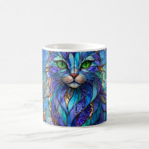 Caneca De Café Gato Cósmico Vidro Pintado Surrealista Olhos Azuis