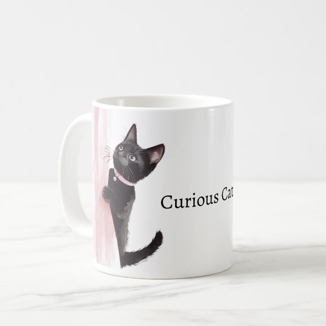 Caneca De Café Gato Curioso da Cortina Rosa (Frente Esquerda)