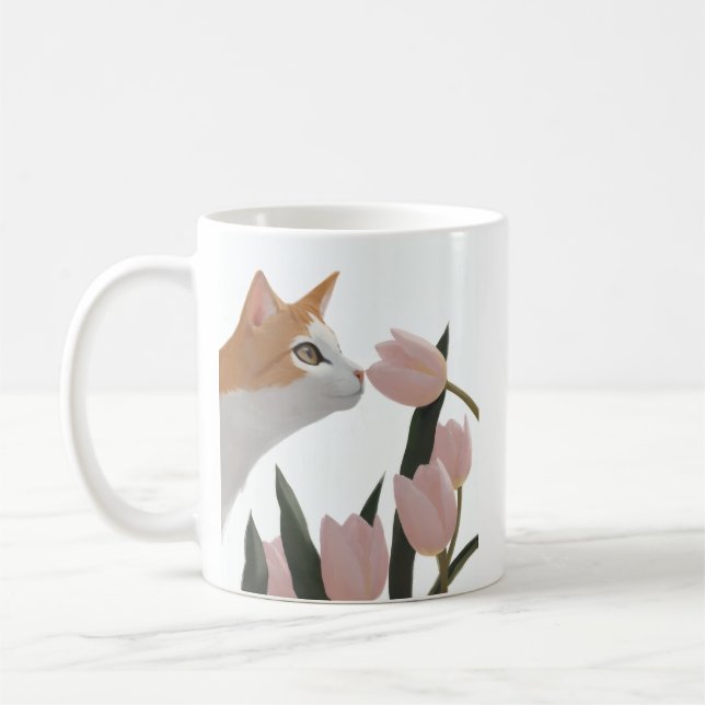 Caneca De Café Gato Curioso Floral de Primavera (Esquerda)