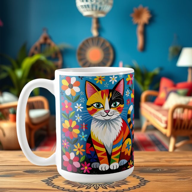 Caneca De Café Gato de Arte Popular Boho, Flores & Borboleta   (Criador carregado)