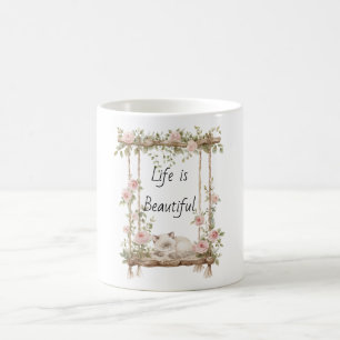 Caneca De Café Gato de Balanço Floral Rosas Rosa Enrubescido