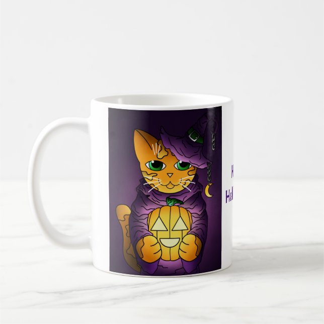 Caneca De Café Gato de Bruxas de Halloween Roxo (Esquerda)