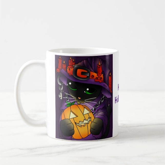 Caneca De Café Gato de Bruxas Negras de Abóbora Halloween (Esquerda)
