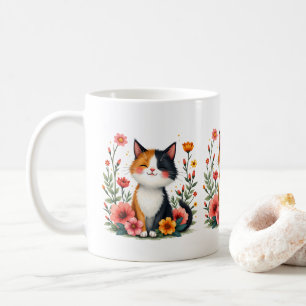 Caneca De Café Gato de Calico Cinto com Estética Floral de Cottag