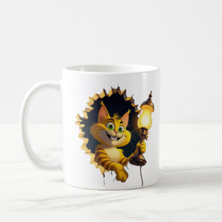 Caneca De Café Gato de Cartoon Whimsso segurando uma lâmpada atra