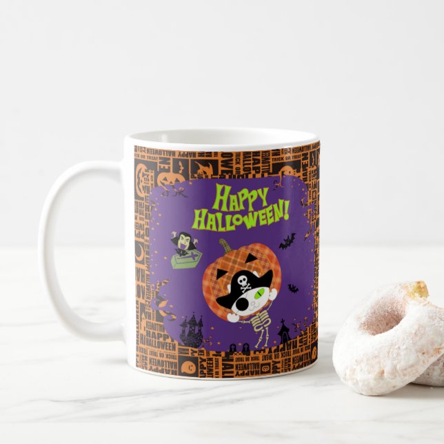 Caneca De Café Gato de esqueleto pirata (Com Donut)