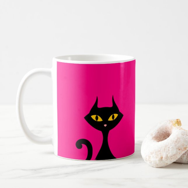 Caneca De Café Gato de Gatinho Preto com Fundo Rosa (Com Donut)