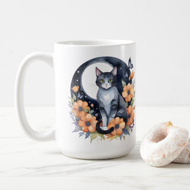 Caneca De Café Gato de Lua Floral Negro Elegante (Com Donut)