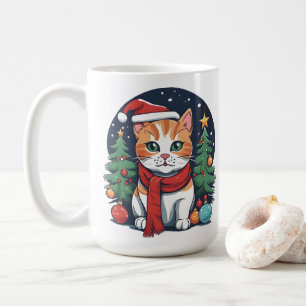 Caneca De Café Gato de Natal bonito com Árvores Festivas
