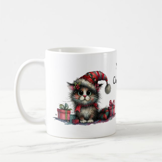 Caneca De Café Gato de Natal bonito com presentes Quirky Kitten (Esquerda)